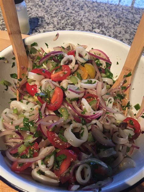 The night before christmas we abstain from eating meat, feasting on fish while waiting for the birth of jesus at midnight. Calamari Salad | Calamari recipes, Seafood recipes, Recipes