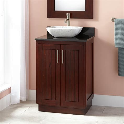 The vanity features full sized doors, a white vanity top with an integral white bowl and a decorative toe kick. 24" Narrow Depth Montara Mahogany Vessel Sink Vanity ...