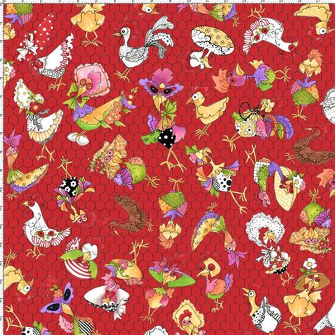 Loralie Chicken Chique 100 Cotton Fabric By The Yard Chickens Red