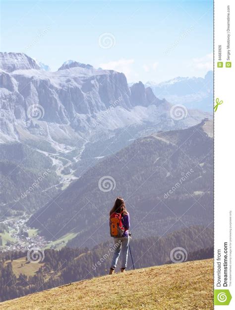 Tourist Girl At The Dolomites Stock Photo Image Of Pole Relaxing