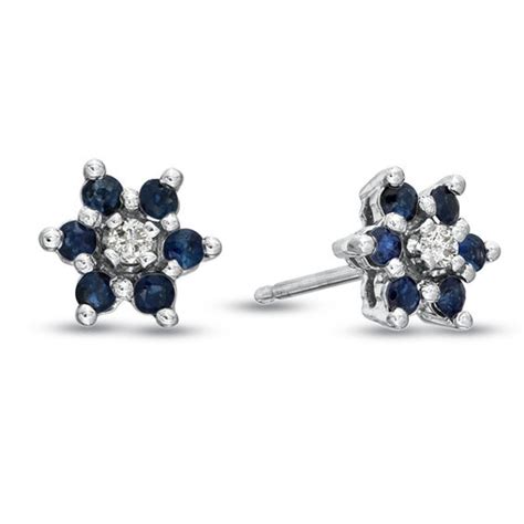 Blue Sapphire And Diamond Accent Flower Stud Earrings In K White Gold