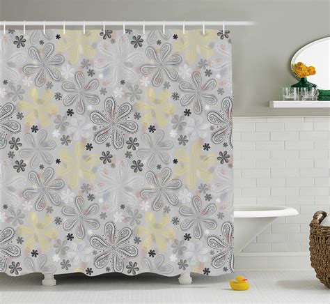 Grey And Yellow Shower Curtain Ethnic Bohem Style Paisley Print