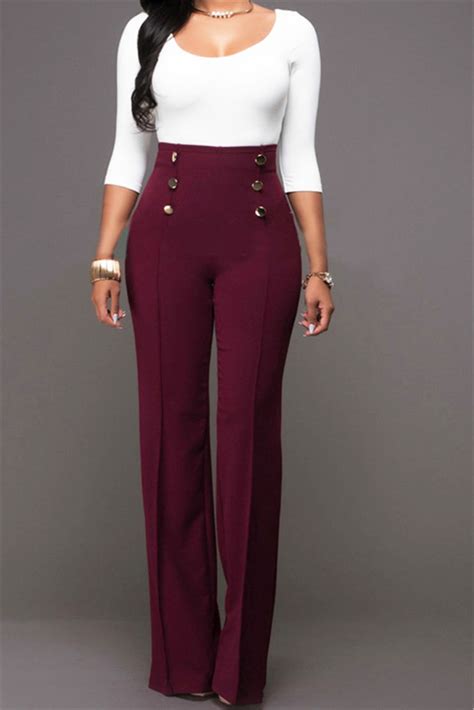 Ladies Classic High Waist Button Front Pleat Front Pants Whatwears
