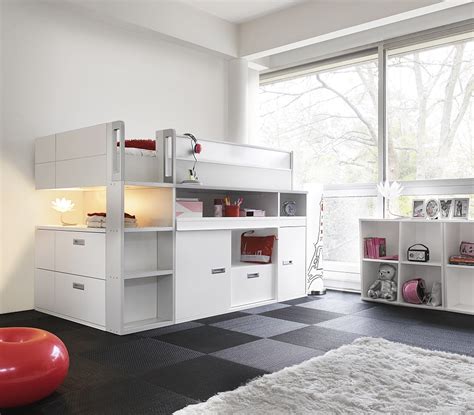Stylish Top Bunk Bed With Storage And Workdesk Underneath In White For