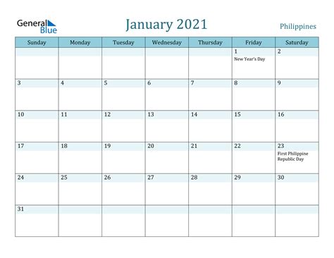 All holidays and celebrations of 2021. January 2021 Calendar - Philippines