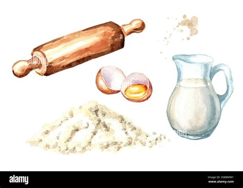 Wooden Rolling Pin Broken Egg Pile Of Flour And Jug Of Milk Cookig Set Watercolor Hand