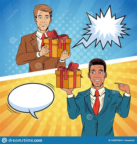 With various types of coffee, tea, and sweets, plus a. Pop Art Businessmen With Gift Boxes Cartoon Stock Vector ...