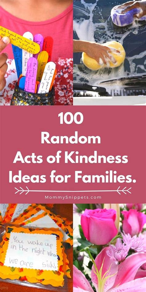 the words random acts of kindness ideas for families are shown in this collage with pink flowers