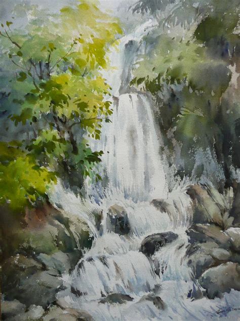 Waterfall Watercolor Landscape Paintings Watercolor Paintings Nature