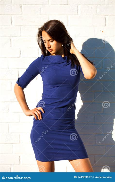 Beautiful Young Brunette Woman In Blue Dress Stock Image Image Of