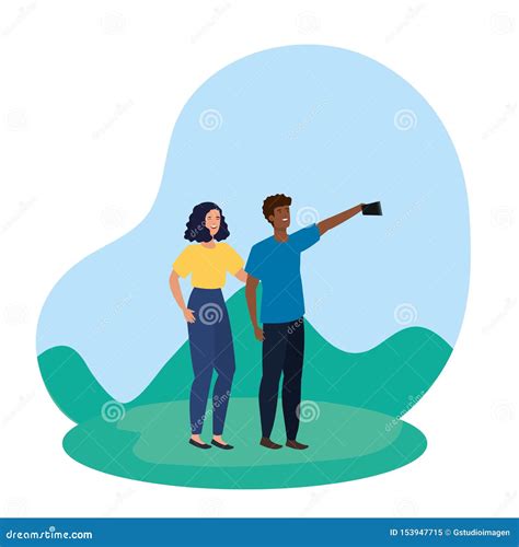Interracial Lovers Couple Taking A Selfie In The Camp Stock Illustration Illustration Of Afro