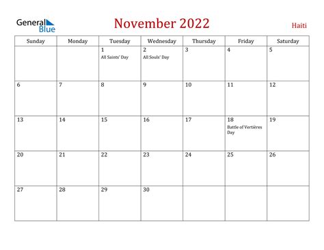 National Holiday Annual Calendar November 2022 Calendar Template