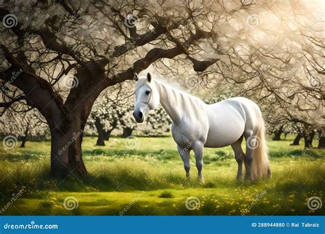 A White Horse Standing Under The Cherry Blossom Tree Stock Illustration