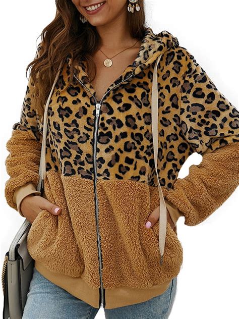 Wakaa Womens Zip Up Leopard Print Jackets Sherpa Fleece Outwear