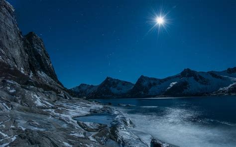 Moonlight Mountains Landscape Lake Stars Wallpaper
