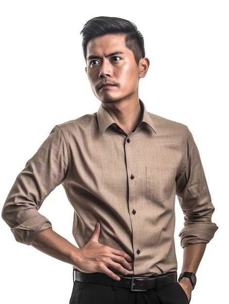 Premium Ai Image A Man In A Tan Shirt Stands In Front Of A White