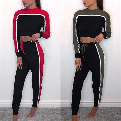 Autumn Women Sweatsuits Sets Crop Sweatshirt Pants Two Piece Tracksuit Patchwork Red And Green