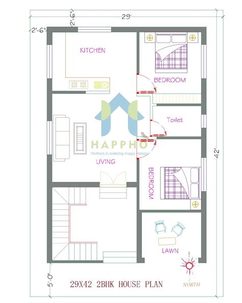 29x42 Vastu House Plan North Facing 2 Bhk Plan 077 Happho
