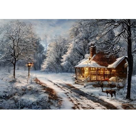 Cabin Winter Scene Fabric Panel