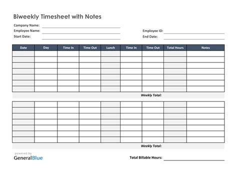 Biweekly Timesheet With Notes In Excel