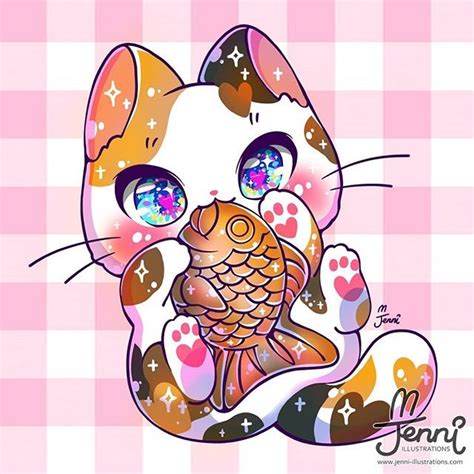 A Cat That Is Holding A Fish In Its Paws On A Pink And White Checkered