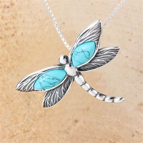 Turquoise Dragonfly Pendant Sterling Silver Genuine Blue Etsy