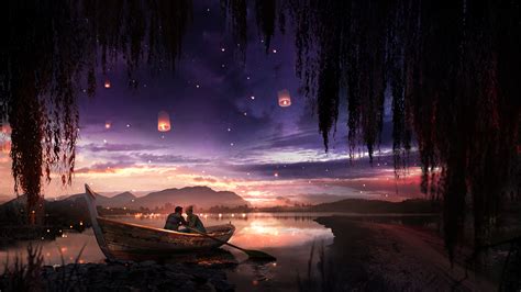 1366x768 Boat Couple Dreamy Painting Lake Lantern 1366x768 Resolution