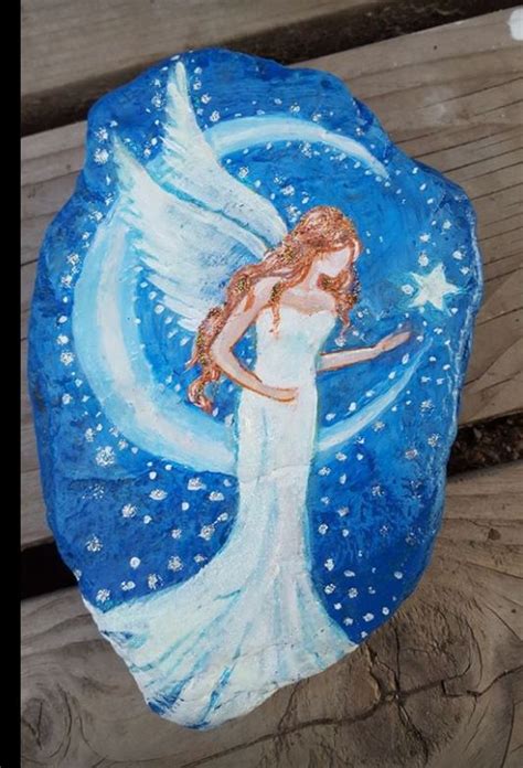 Red Headed Angel With Moon And Stars Rock Painting Art Pebble Art