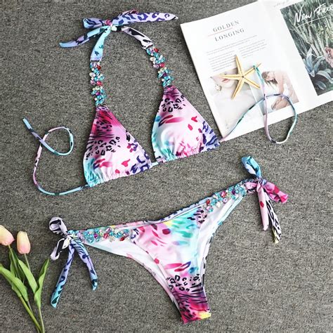 Halter Swimwear 2019 Rhinestone Diamond Print Fiowers Bikinis Women