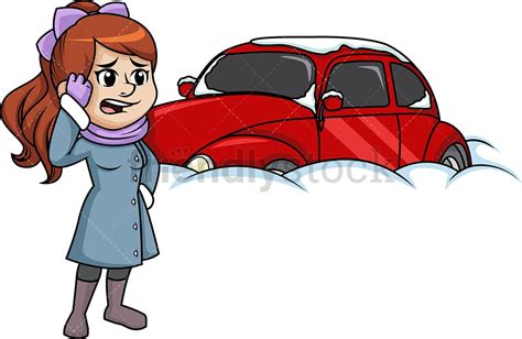 Woman Shocked At Her Car Buried In Snow Cartoon Clipart Vector
