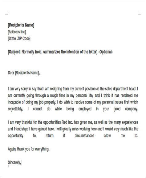 Letter Of Resignation For Personal Reasons