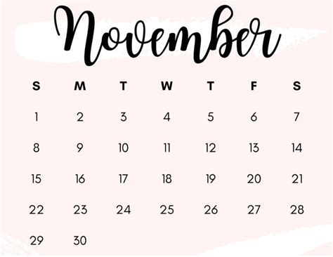 Light Pink November 2020 Calendar Modern Printable Calendar Pink