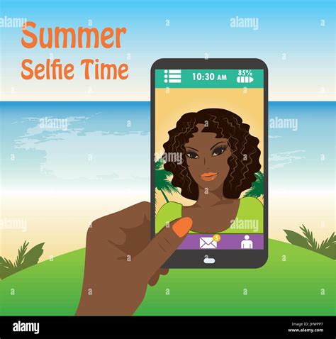 vector selfie concept flat girl taking selfie by mobile phone on the beach new technology