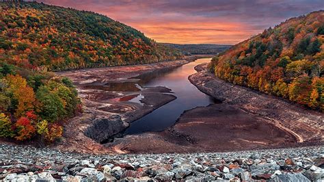 Aerial View Of Colorful Autumn Trees Mountain River Rock Yellow Black