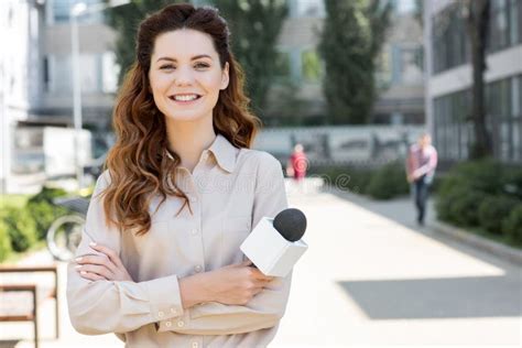 Attractive Cheerful Female Journalist Holding Stock Image Image Of