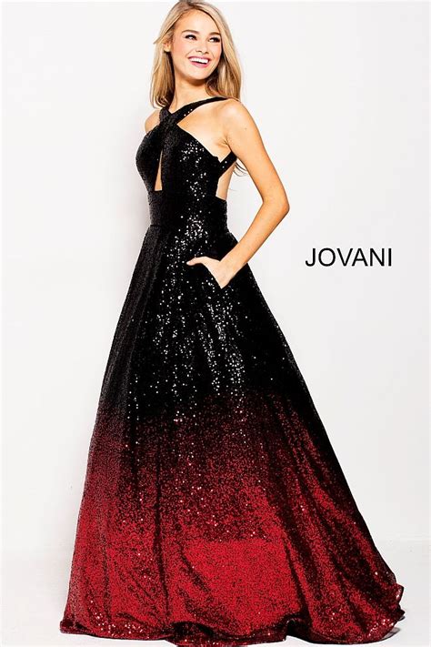 This Jovani 60270 Black Red Ombre Sequin Long Party Dress Features An A
