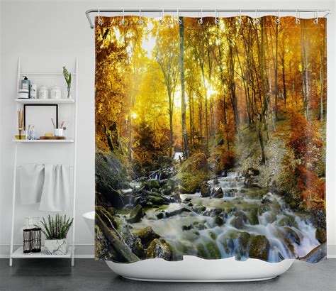 Hvest Fall Forest Shower Curtain Autumn Maple Forest And Mountain