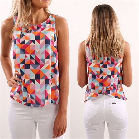 Fashion Women Geometric Printed Colorful Summer Top Sleeveless Tee