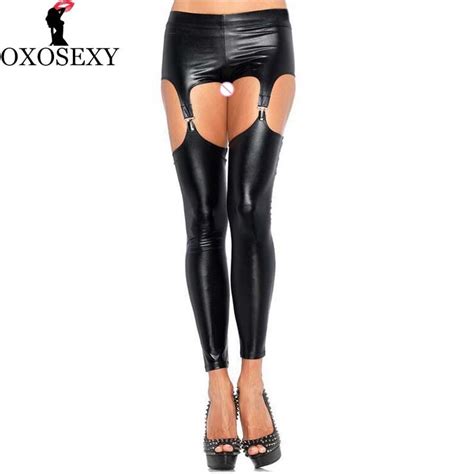 Women Black Leather Pants Open Crotch Leggings Pole Dance Open Crotch