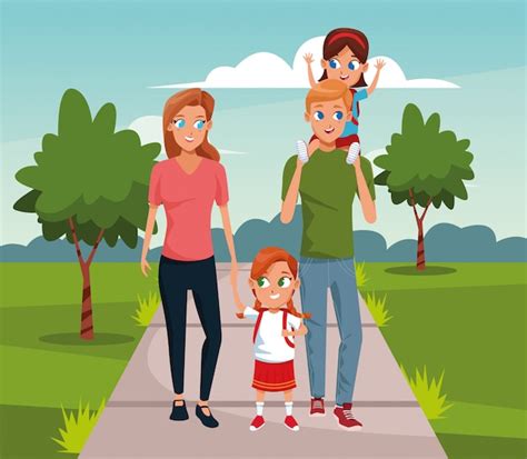 Familia Feliz Con Niños Caminando En El Parque Vector Premium