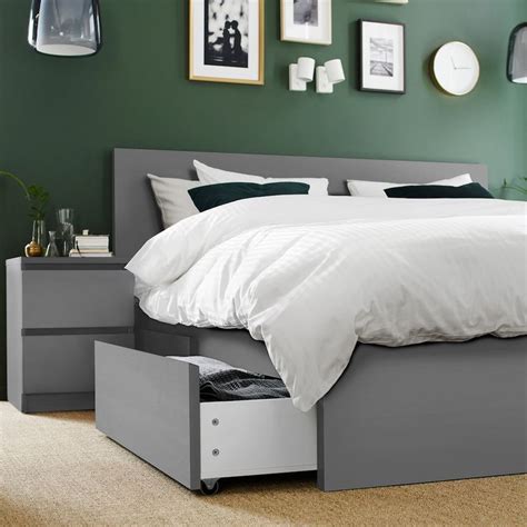 Malm High Bed Frame4 Storage Boxes Gray Stainedluröy Queen Ikea