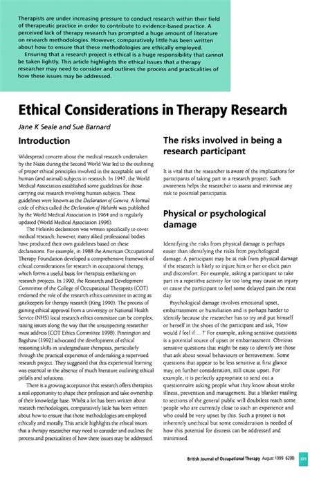 PDF Ethical Considerations In Therapy Research