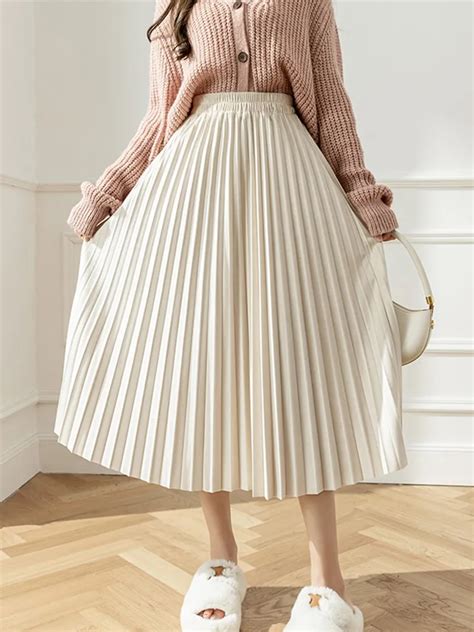 Tigena Corduroy Pleated Midi Long Skirt For Women Autumn Winter