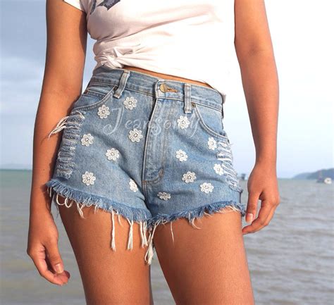 High Waisted Denim Shorts Ripped Distressed Floral Daisy Dukes Lace Shorts Hipster Cutoffs By