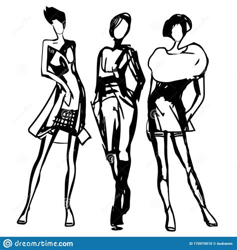Women Silhouettes Drawn Black Line Fashion Sketch Vector Hand Drawn