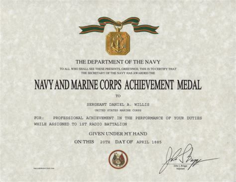 Navy And Marine Corps Achievement Medal Replacement Certificate