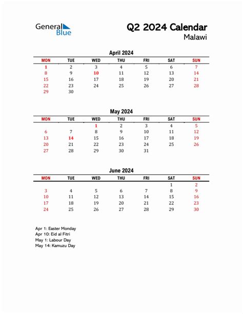 Three Month Calendar For Malawi Q2 Of 2024