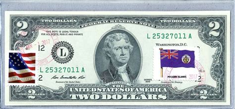 Collectible Us Currency Uncirculated Dollar Bill Stamps Flag Pitcairn Islands Two Dollars