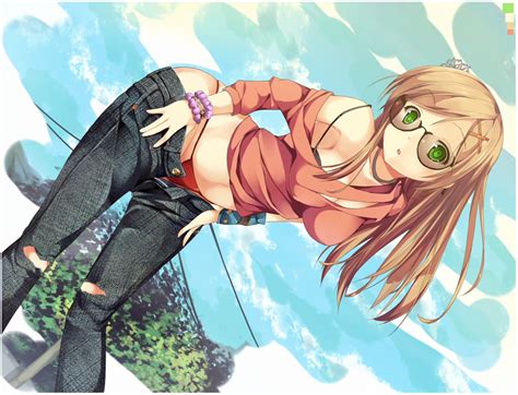 Wallpaper Illustration Blonde Long Hair Anime Girls Glasses Green Eyes Jeans Cartoon