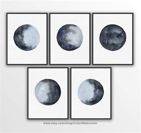Moon Phases Set 5 Illustration Navy Blue Modern Wall Decor Etsy